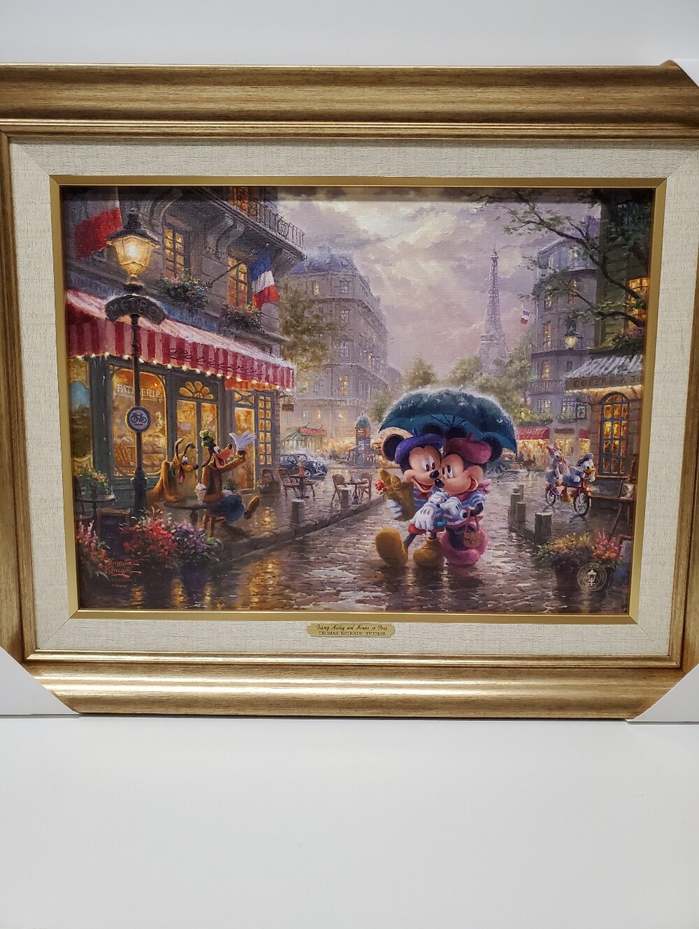 Thomas Kinkade Disney Mickey & Minnie Paris Scene - Blue, Pink, Gold